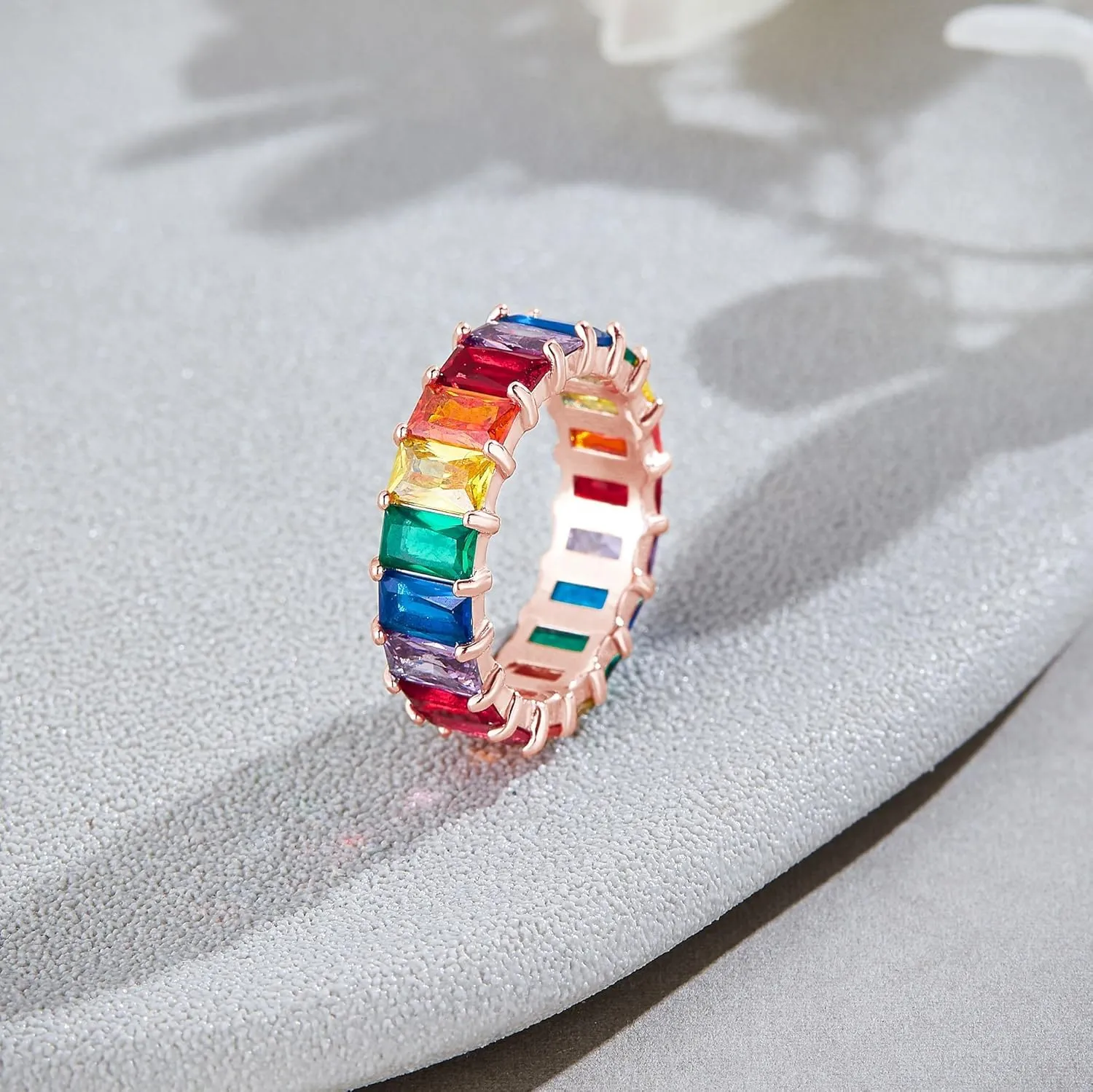 AFFY Eternity Rainbow Ring 18K Gold Plated Emerald-Cut Multi Color AAA Created-Gemstone Rainbow Ring, Stackable Ring, Wedding Band for Women, Gift For Her