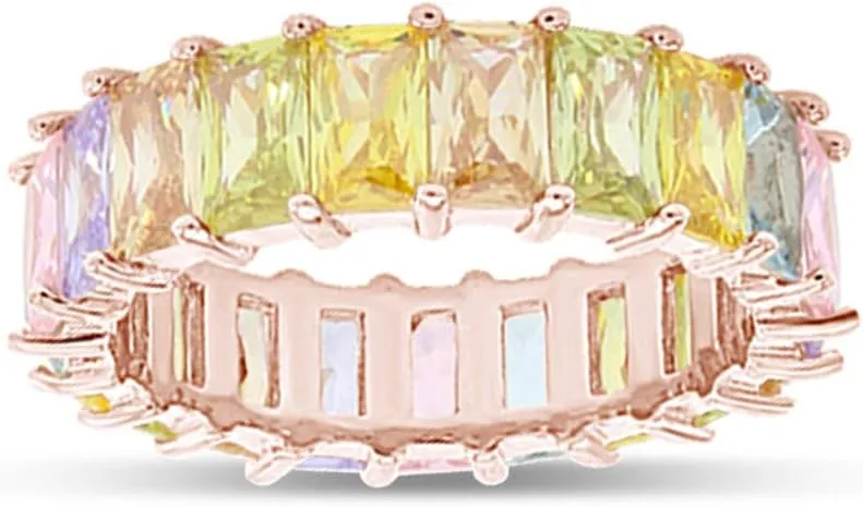AFFY Eternity Rainbow Ring 18K Gold Plated Emerald-Cut Multi Color AAA Created-Gemstone Rainbow Ring, Stackable Ring, Wedding Band for Women, Gift For Her