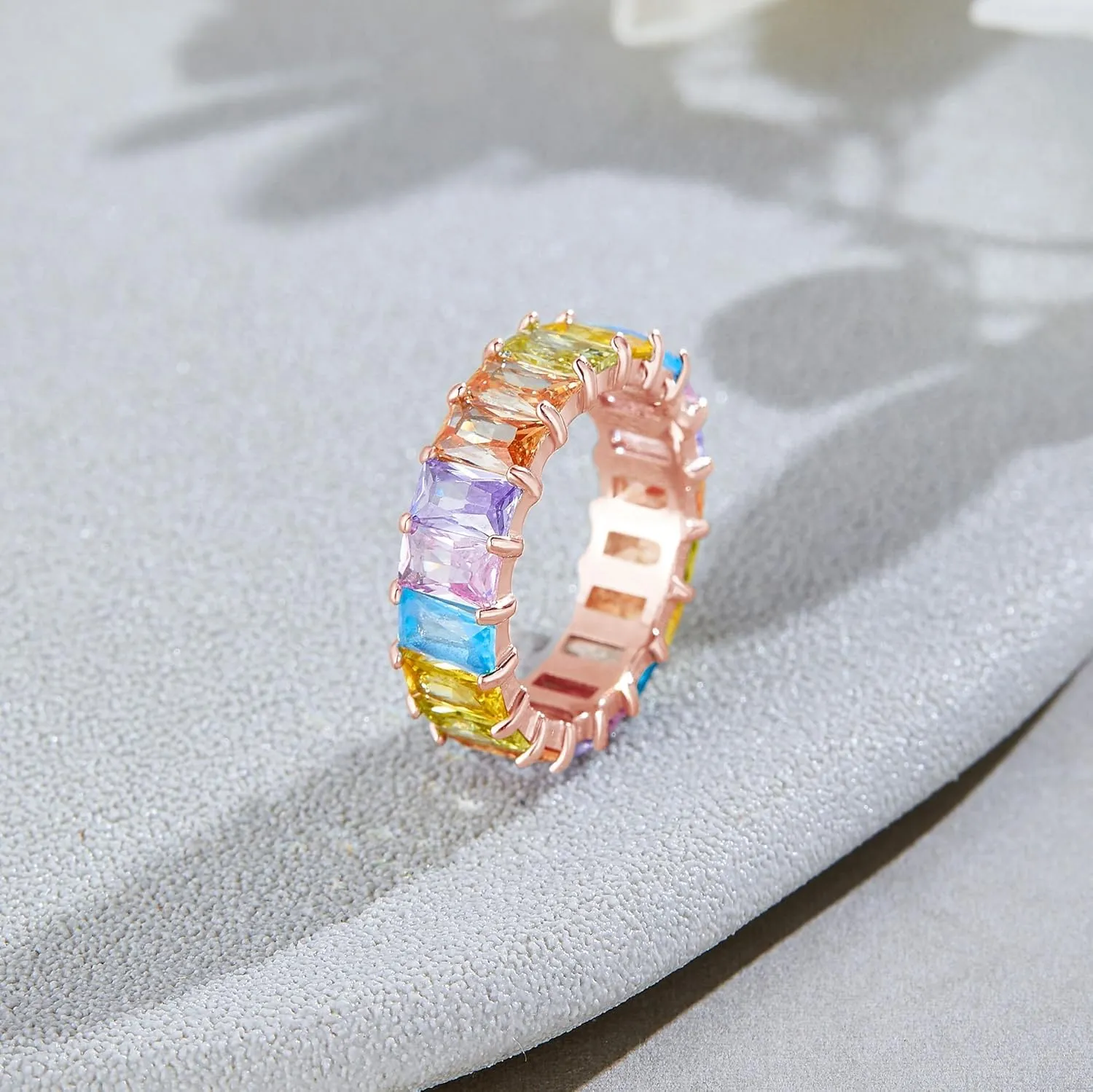 AFFY Eternity Rainbow Ring 18K Gold Plated Emerald-Cut Multi Color AAA Created-Gemstone Rainbow Ring, Stackable Ring, Wedding Band for Women, Gift For Her