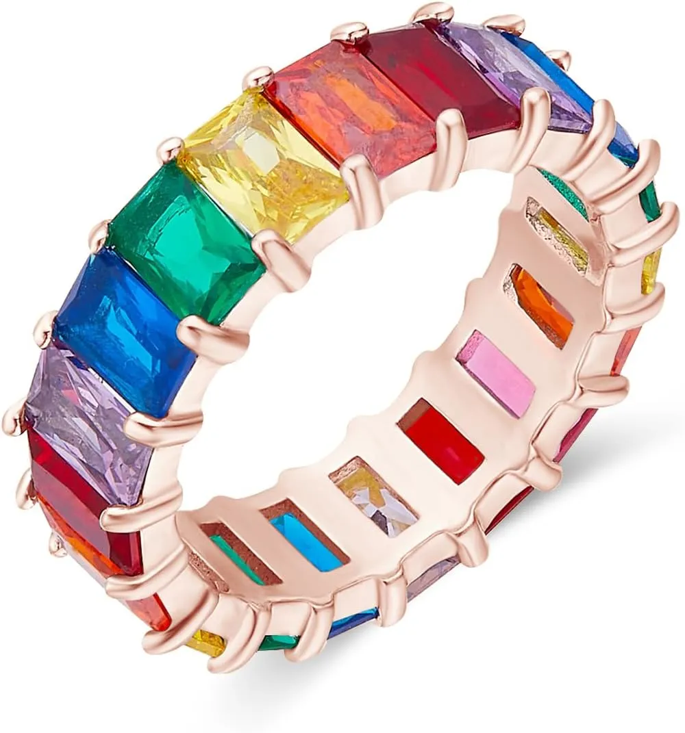 AFFY Eternity Rainbow Ring 18K Gold Plated Emerald-Cut Multi Color AAA Created-Gemstone Rainbow Ring, Stackable Ring, Wedding Band for Women, Gift For Her