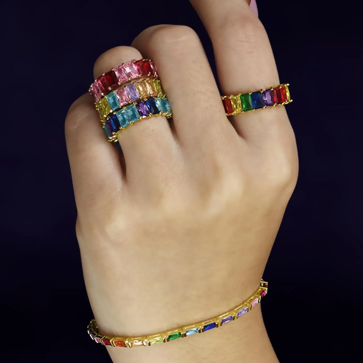 AFFY Eternity Rainbow Ring 18K Gold Plated Emerald-Cut Multi Color AAA Created-Gemstone Rainbow Ring, Stackable Ring, Wedding Band for Women, Gift For Her