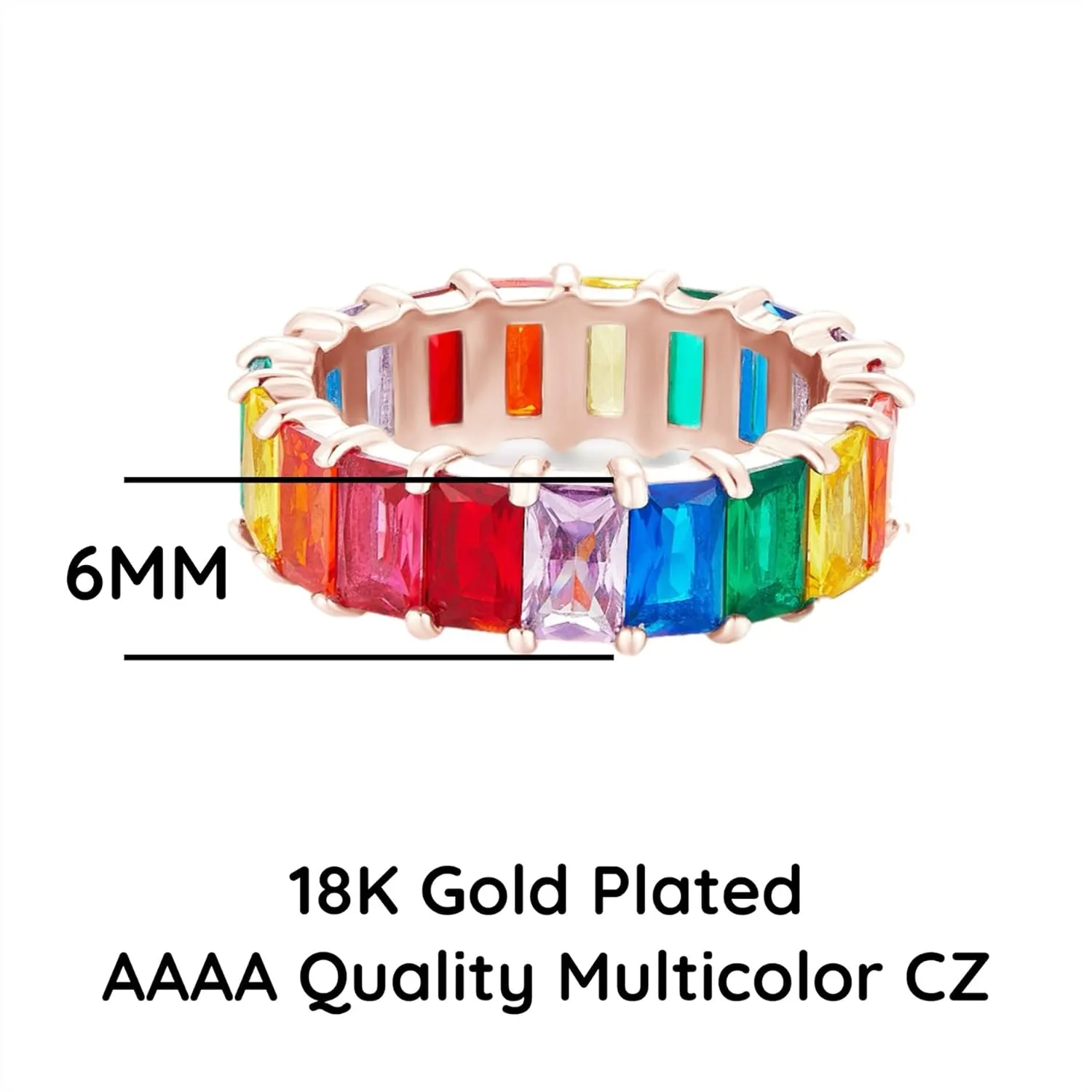 AFFY Eternity Rainbow Ring 18K Gold Plated Emerald-Cut Multi Color AAA Created-Gemstone Rainbow Ring, Stackable Ring, Wedding Band for Women, Gift For Her