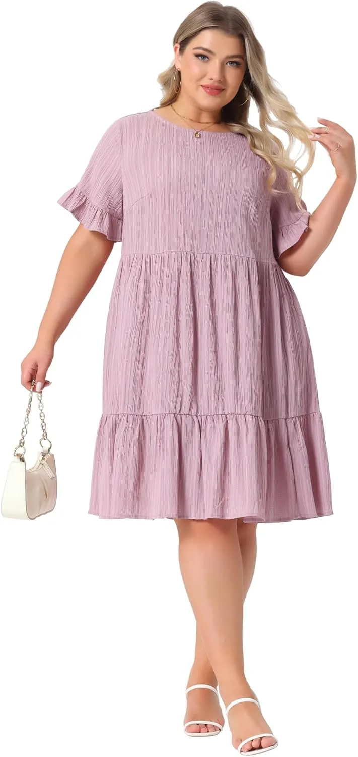 Agnes Orinda Plus Size Summer Ruffle Short Sleeve Dresses for Women Crew Neck A Line Tiered Midi Dress Casual 2025