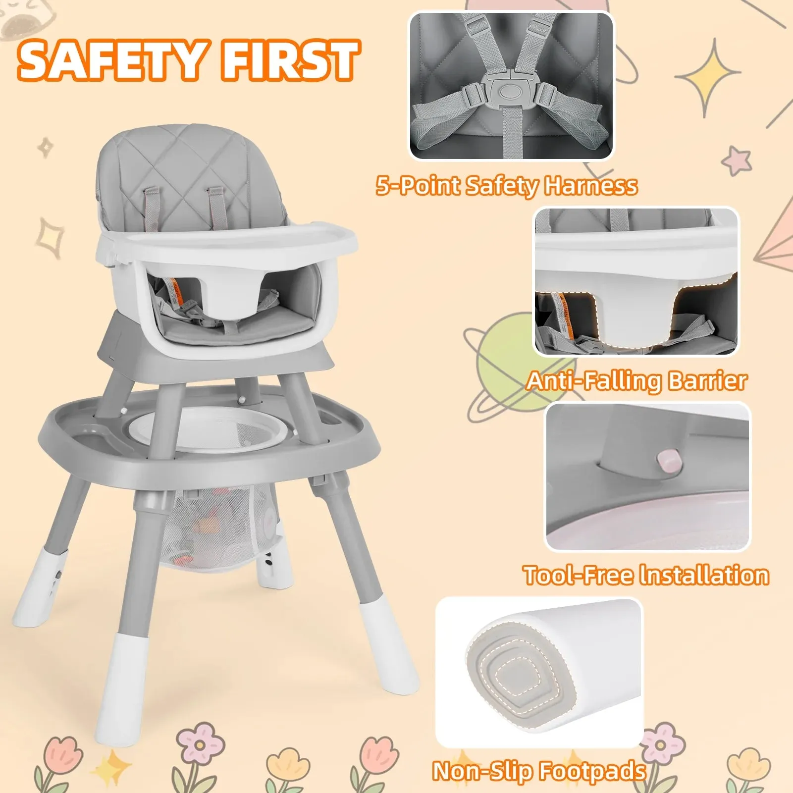 AILEEKISS 15 in 1 Baby High Chair, Toddler Dining Booster Seat w/Activity Center, Grey