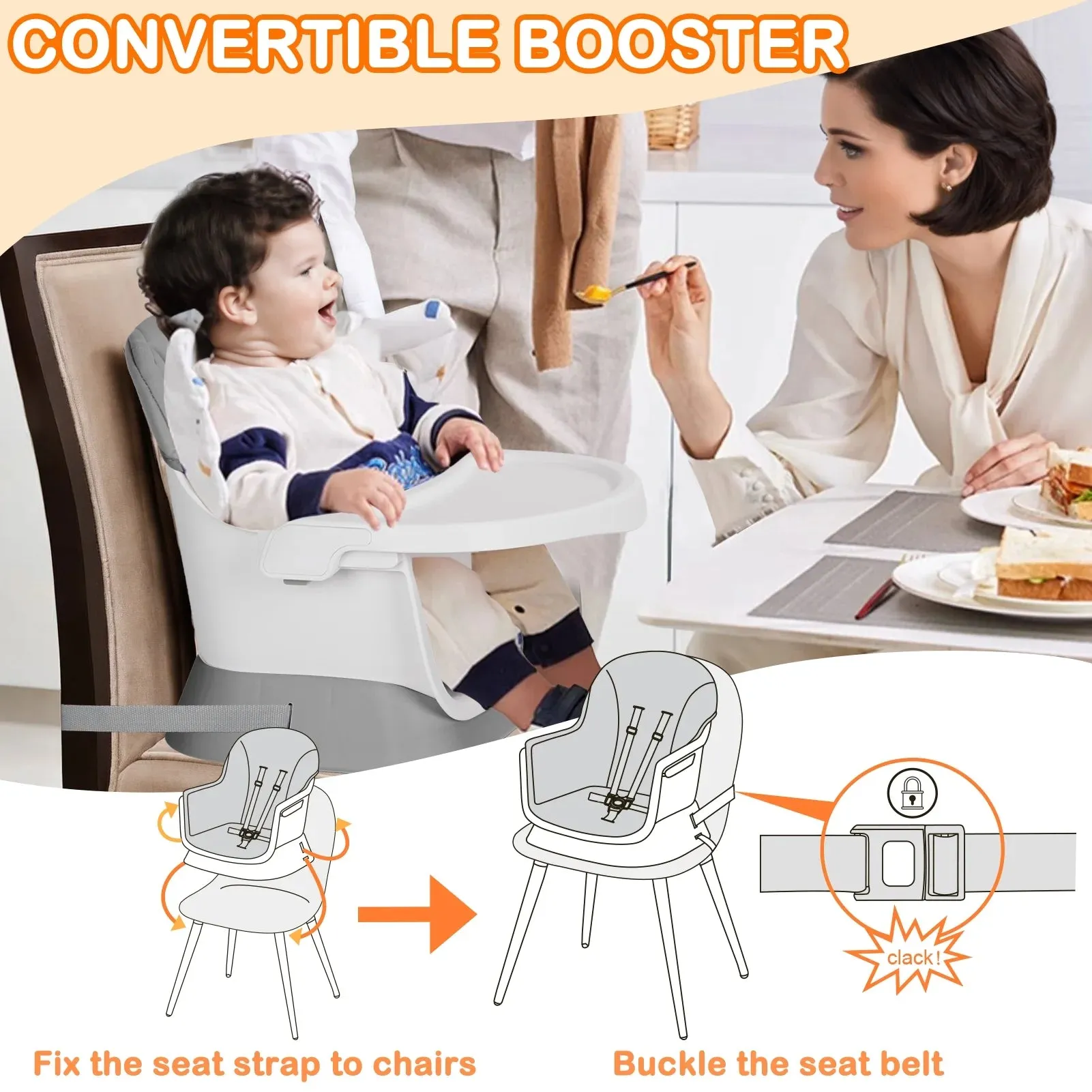 AILEEKISS 15 in 1 Baby High Chair, Toddler Dining Booster Seat w/Activity Center, Grey