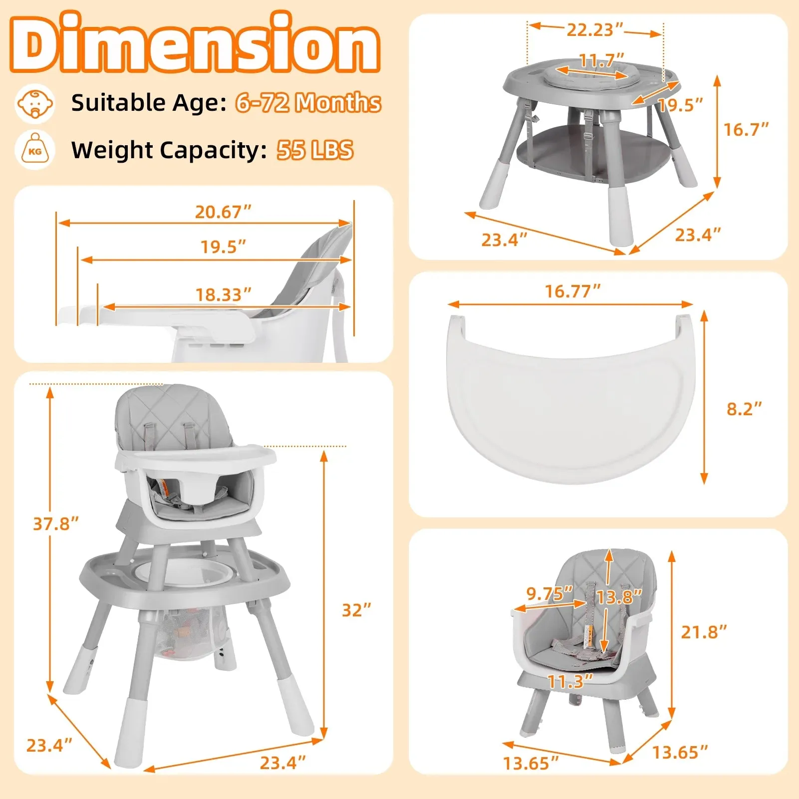 AILEEKISS 15 in 1 Baby High Chair, Toddler Dining Booster Seat w/Activity Center, Grey