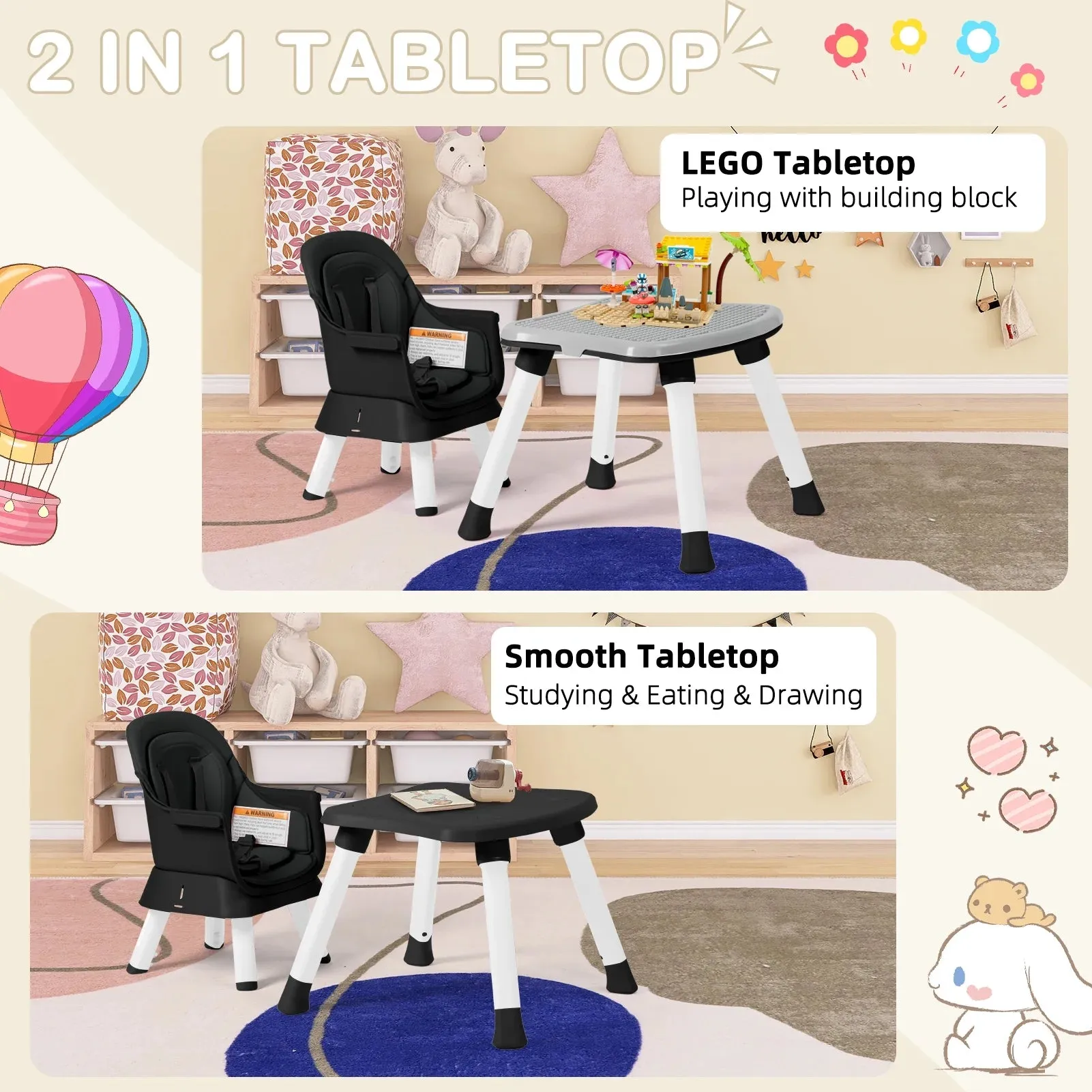 AILEEKISS 8 in 1 Baby High Chair, Toddler Dining Booster Seat for Eating, Black