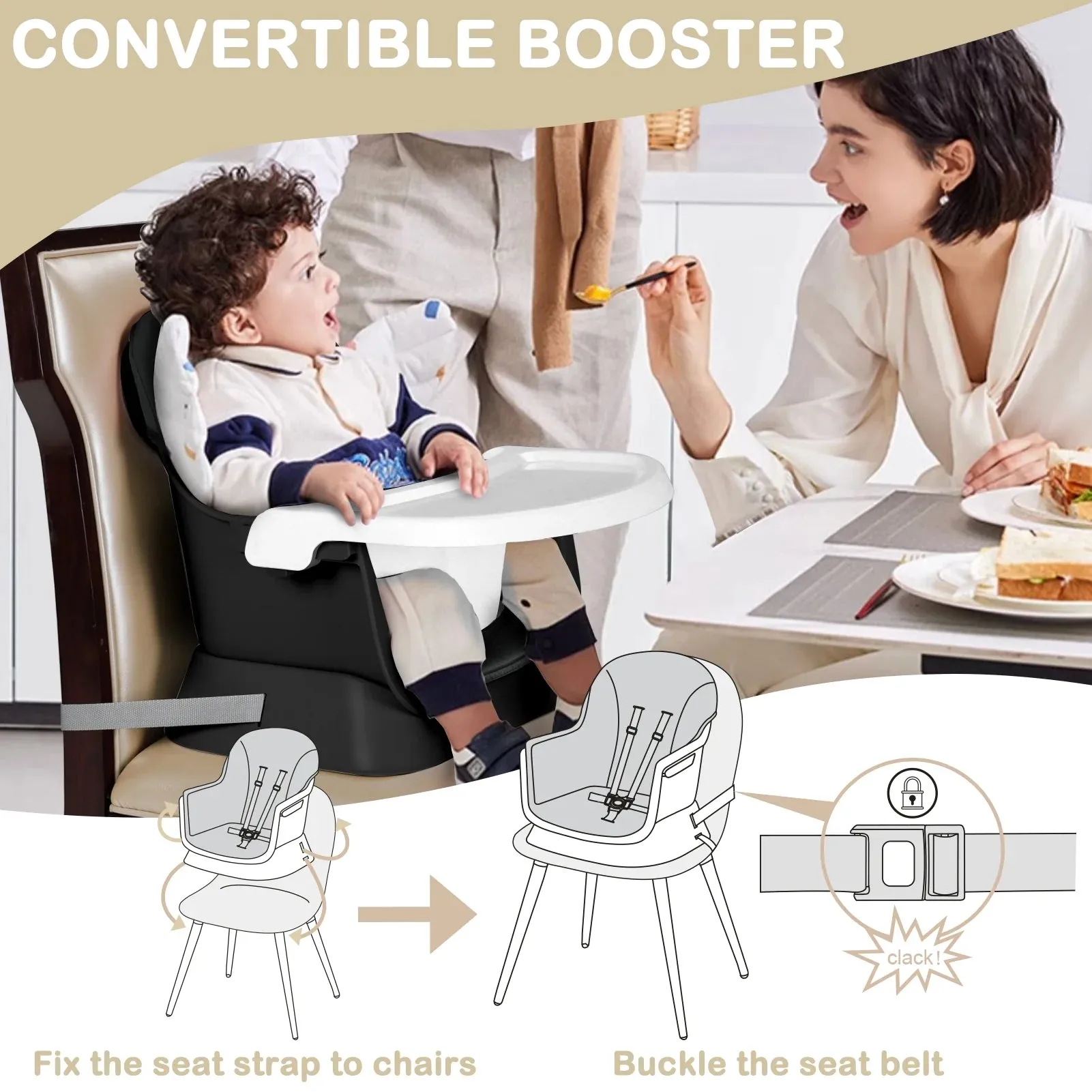 AILEEKISS 8 in 1 Baby High Chair, Toddler Dining Booster Seat for Eating, Black