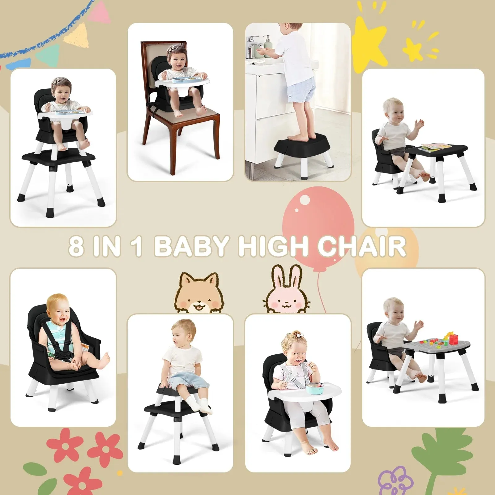 AILEEKISS 8 in 1 Baby High Chair, Toddler Dining Booster Seat for Eating, Black