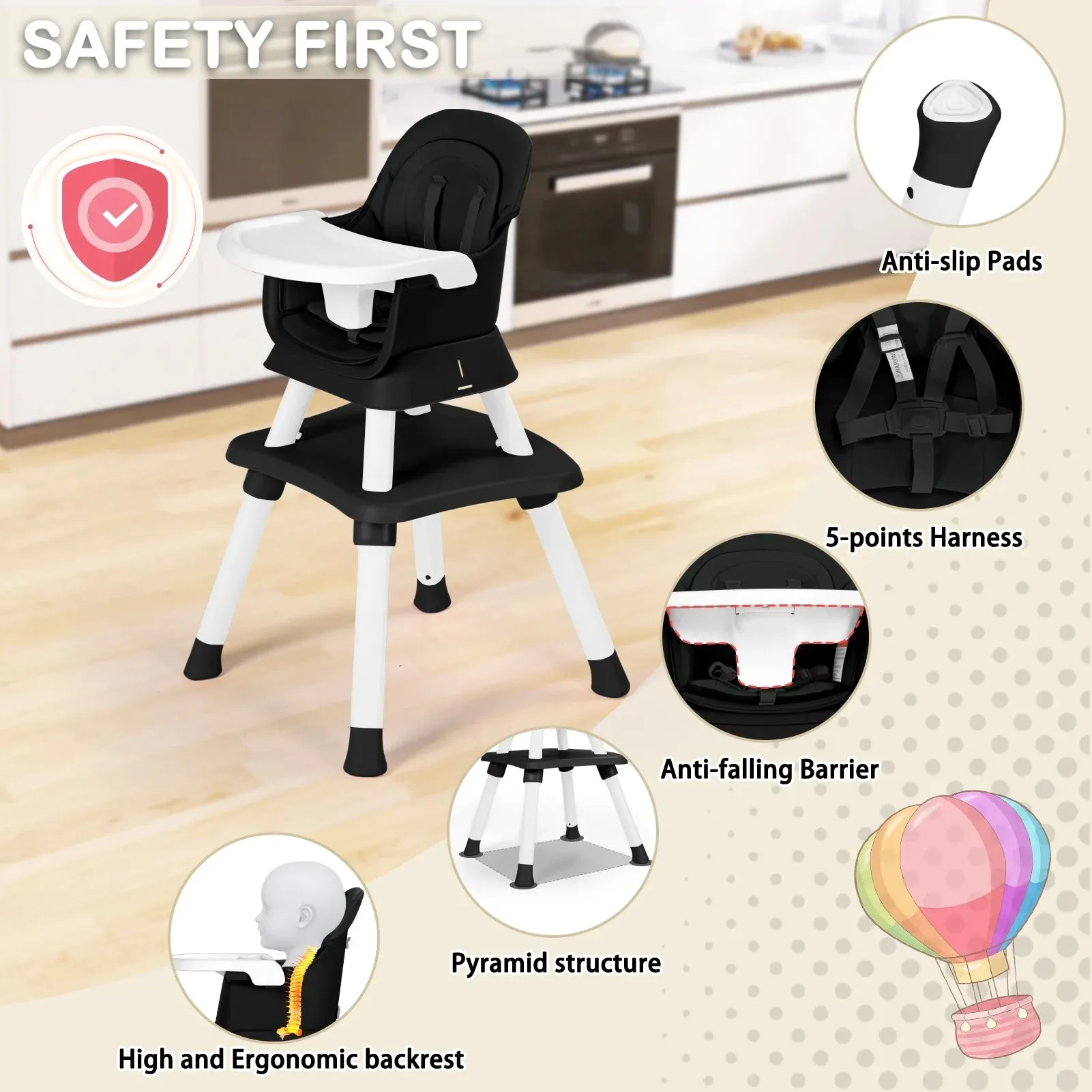 AILEEKISS 8 in 1 Baby High Chair, Toddler Dining Booster Seat for Eating, Black