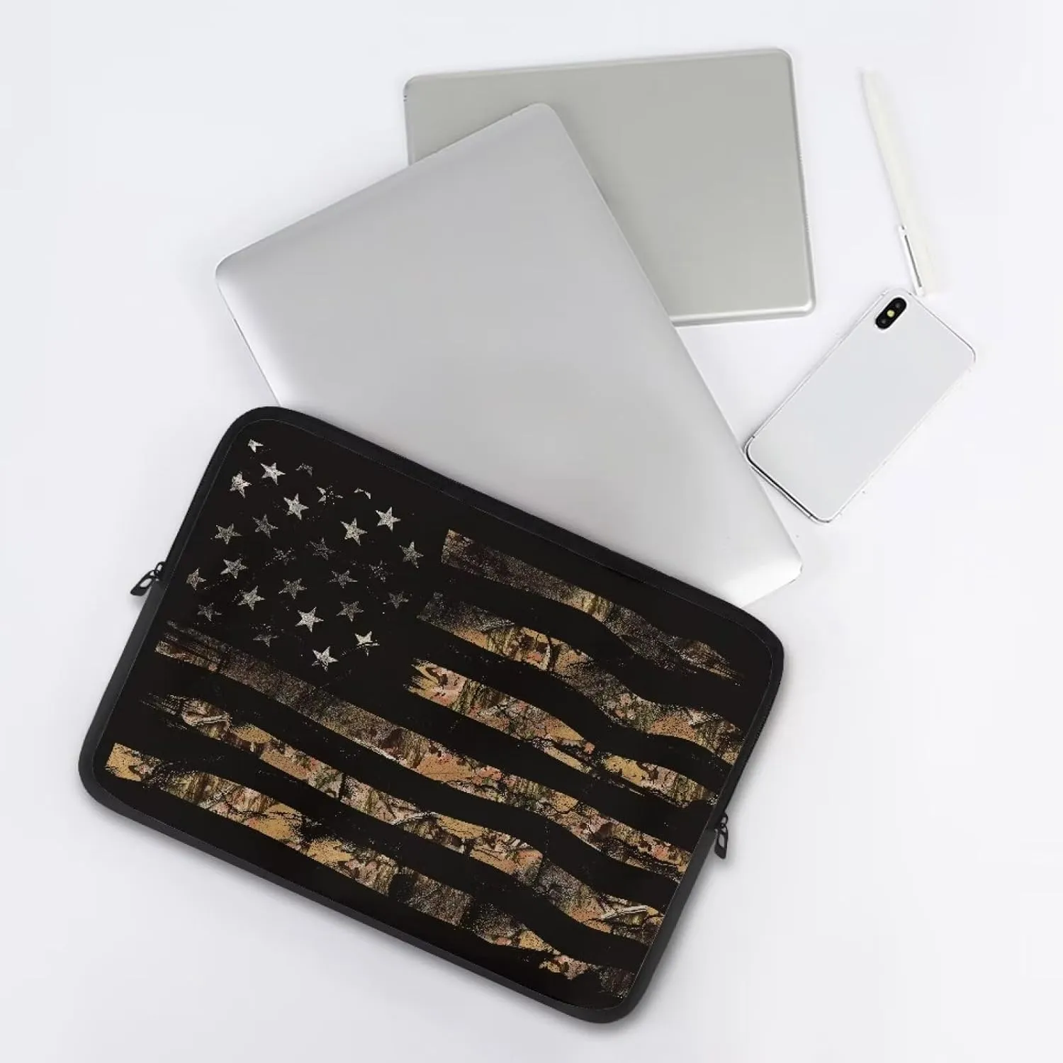 American Flag Printed Laptop Briefcases for Women Men, Water Resistant Computer Bag Shockproof Laptop Case Bag with Zipper, Camo Hunting Printed 10 Inch Computer Carrying Cover