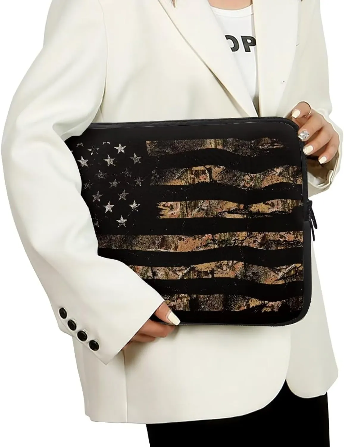 American Flag Printed Laptop Briefcases for Women Men, Water Resistant Computer Bag Shockproof Laptop Case Bag with Zipper, Camo Hunting Printed 10 Inch Computer Carrying Cover