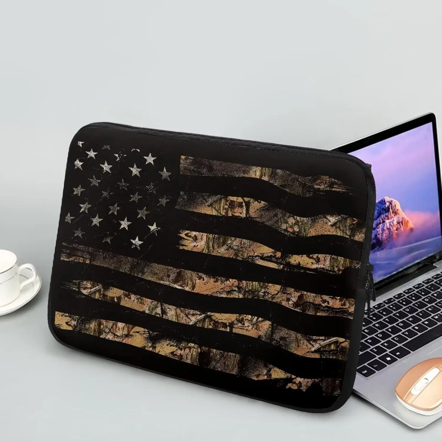 American Flag Printed Laptop Briefcases for Women Men, Water Resistant Computer Bag Shockproof Laptop Case Bag with Zipper, Camo Hunting Printed 10 Inch Computer Carrying Cover