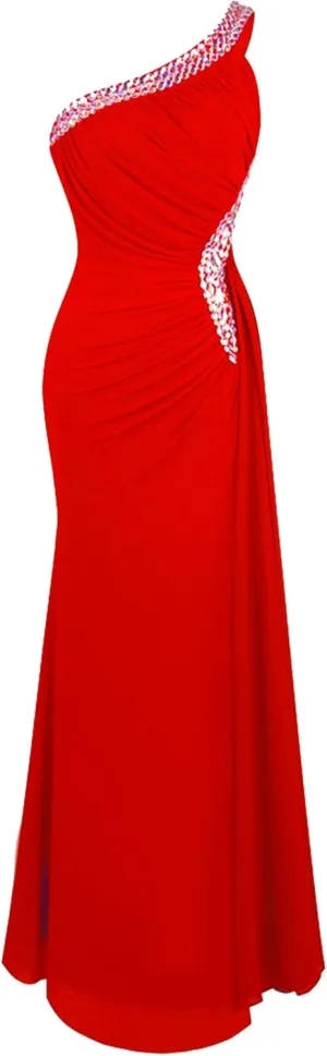 Angel-fashions Women's One Shoulder Ruching Beading Ribbon Soft Evening Gown