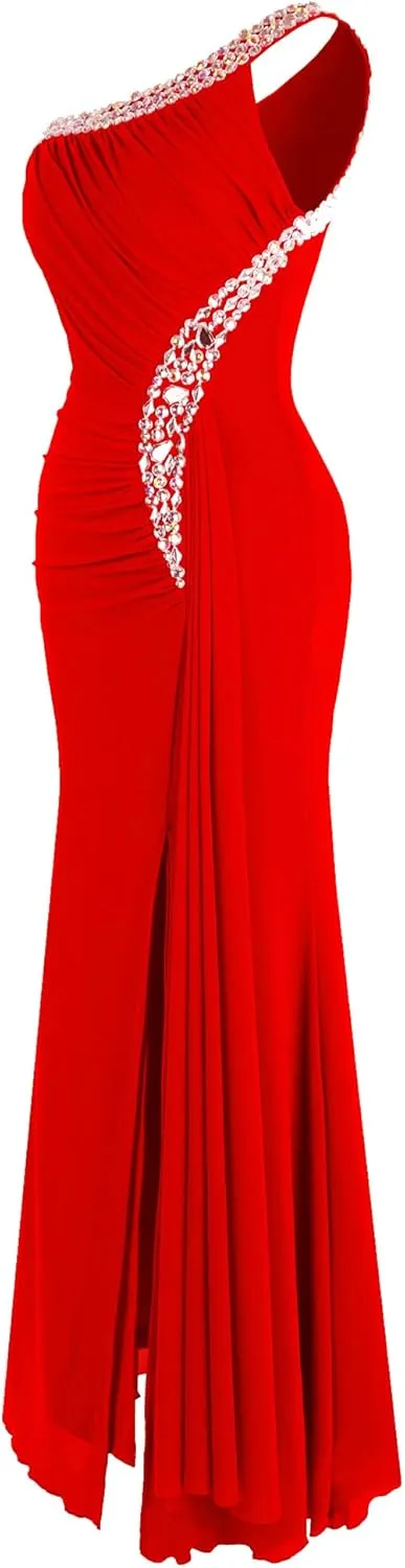 Angel-fashions Women's One Shoulder Ruching Beading Ribbon Soft Evening Gown