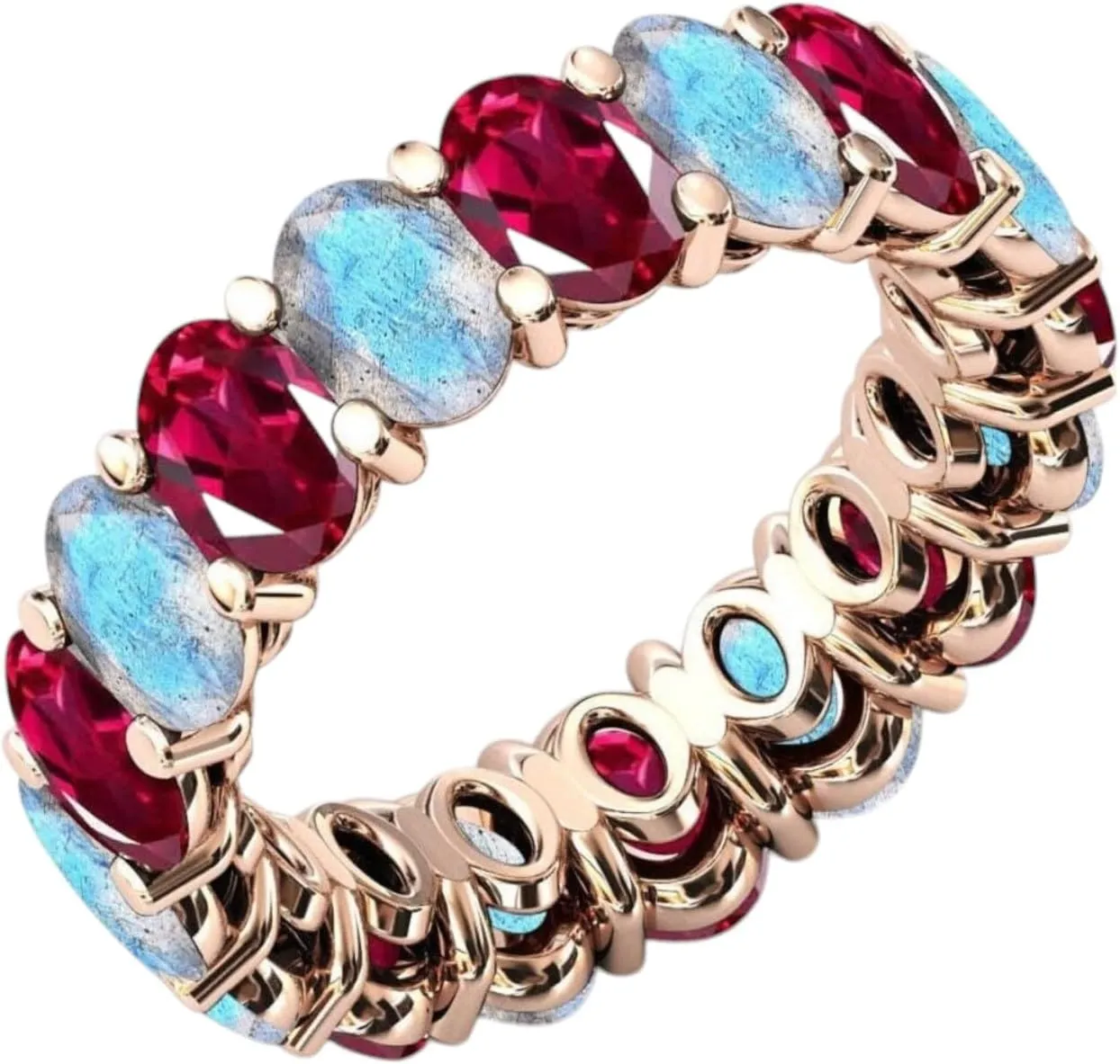 Art Deco Red Ruby & Rainbow Moonstone Eternity Engagement Band Luxury Antique Band Unique Cluster Red & Blue Gemstone 925 Sterling Silver Handmade Jewelry