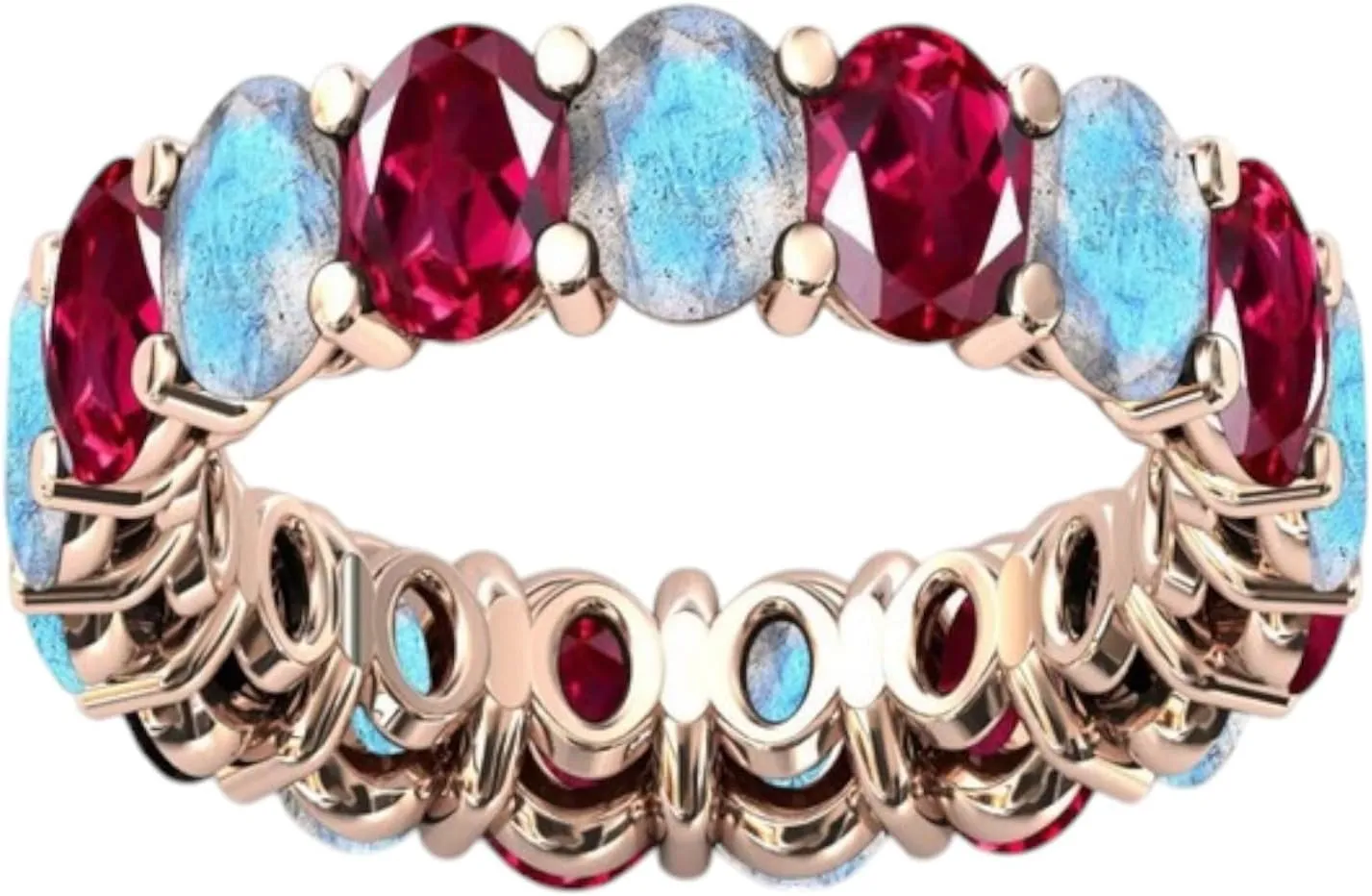 Art Deco Red Ruby & Rainbow Moonstone Eternity Engagement Band Luxury Antique Band Unique Cluster Red & Blue Gemstone 925 Sterling Silver Handmade Jewelry