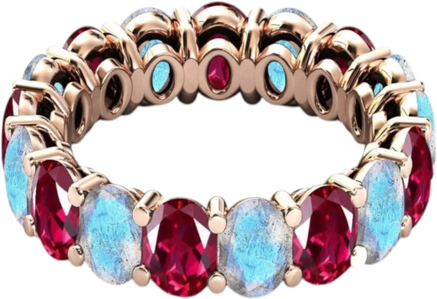 Art Deco Red Ruby & Rainbow Moonstone Eternity Engagement Band Luxury Antique Band Unique Cluster Red & Blue Gemstone 925 Sterling Silver Handmade Jewelry