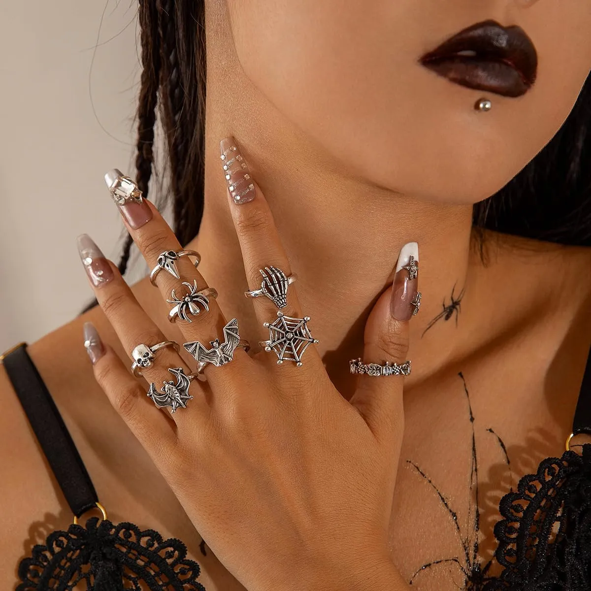Atiptu Vintage Gothic Knuckle Rings Set for Women Stackable Joint Finger Rings Skeleton Skull Rings Hallowmas Rings Set Snake Rings Bats Spider Chunky Rings Jewelry