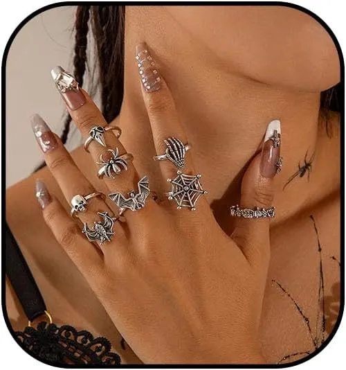 Atiptu Vintage Gothic Knuckle Rings Set for Women Stackable Joint Finger Rings Skeleton Skull Rings Hallowmas Rings Set Snake Rings Bats Spider Chunky Rings Jewelry