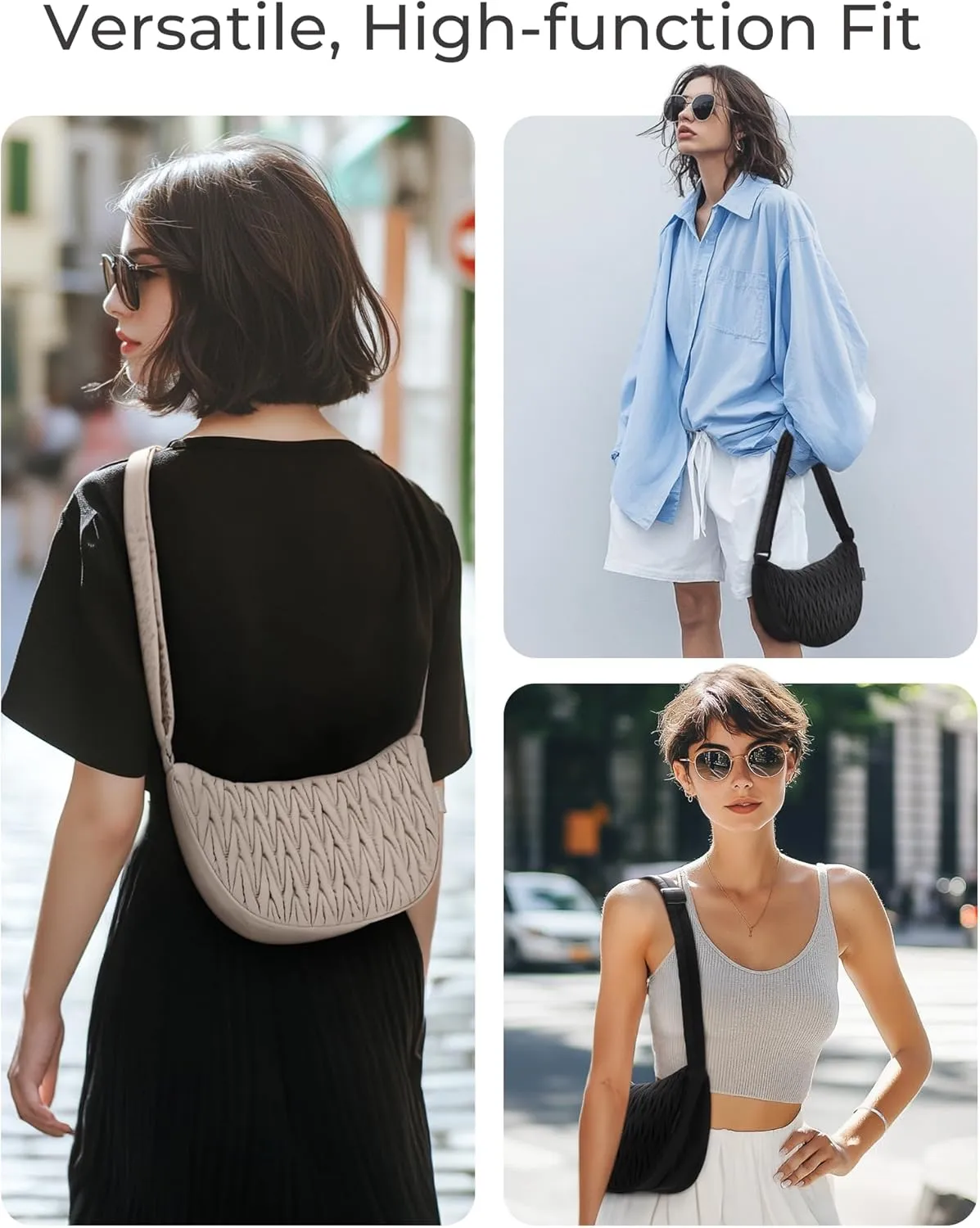 BAGSMART Nylon Crossbody Bags for Women, Quilted Crossbody Purses Crescent Shoulder Bag Hobo Handbags with Adjustable Strap