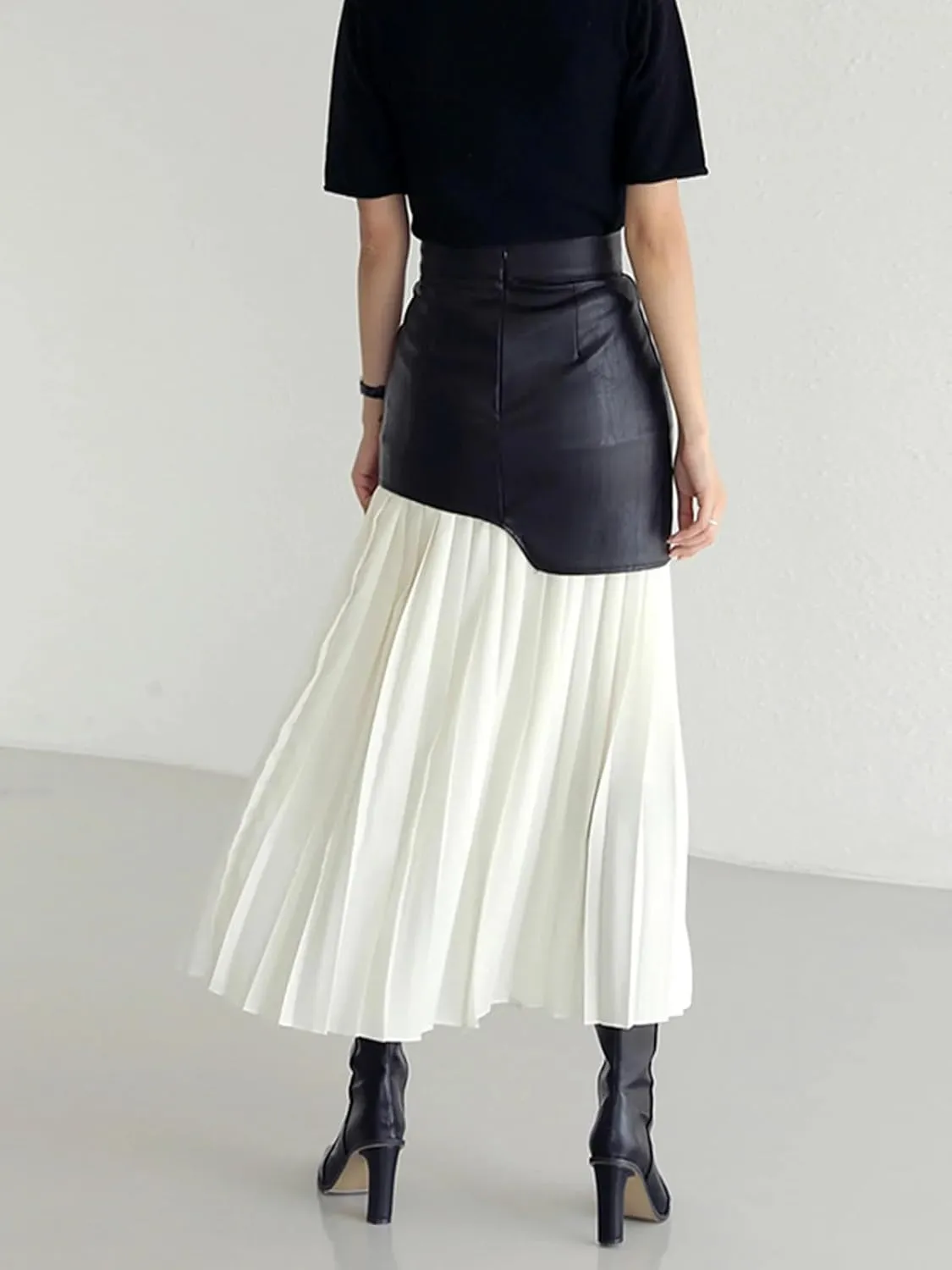 BAIMORE Women's Chic High Waist PU Leather Patchowrk Color Block Pleated Midi Hip Skirt