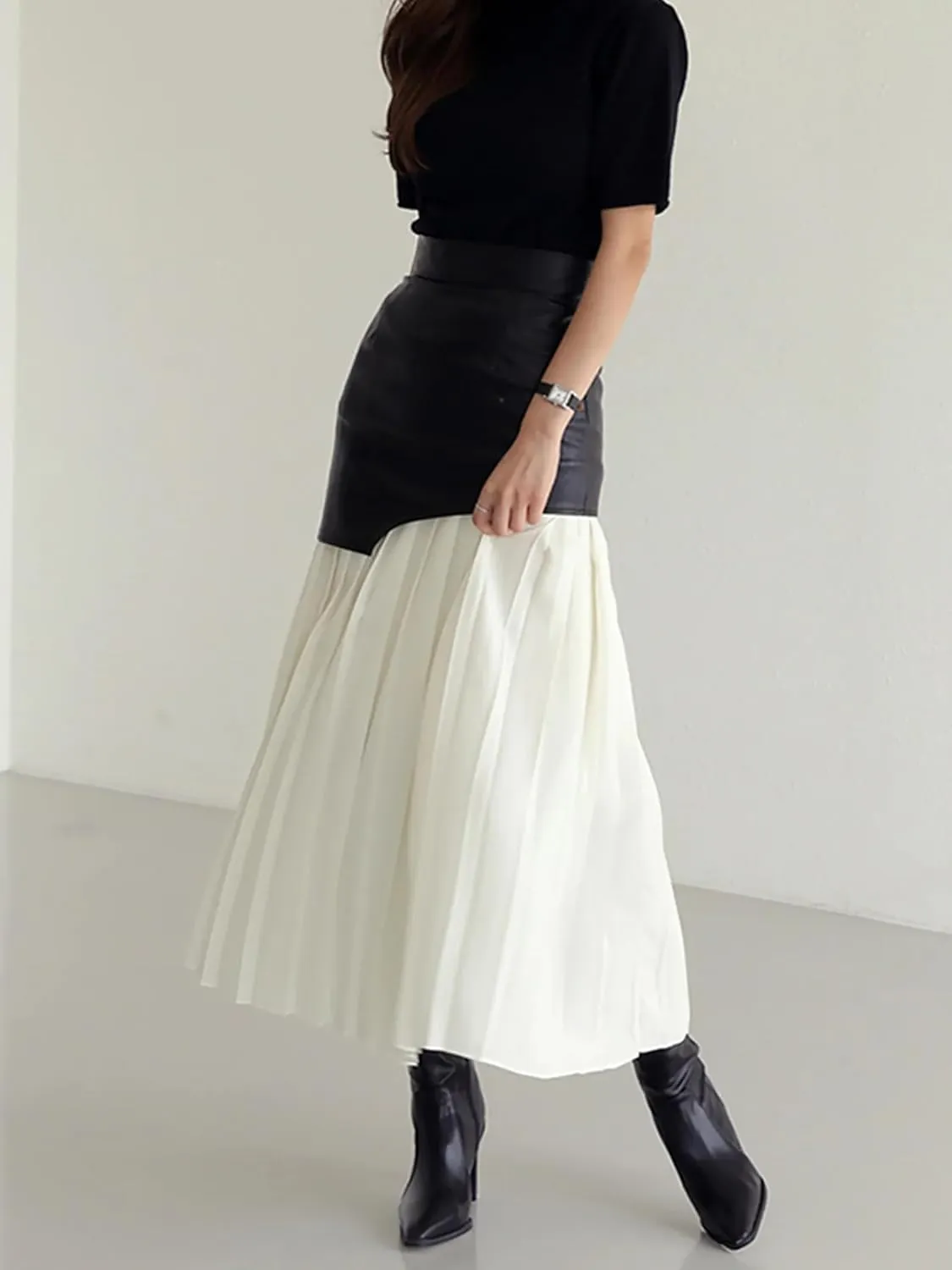 BAIMORE Women's Chic High Waist PU Leather Patchowrk Color Block Pleated Midi Hip Skirt