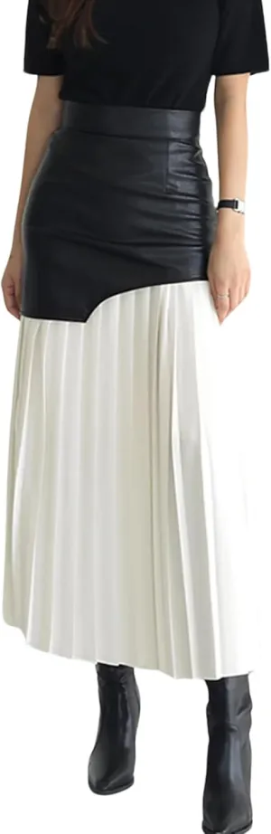 BAIMORE Women's Chic High Waist PU Leather Patchowrk Color Block Pleated Midi Hip Skirt