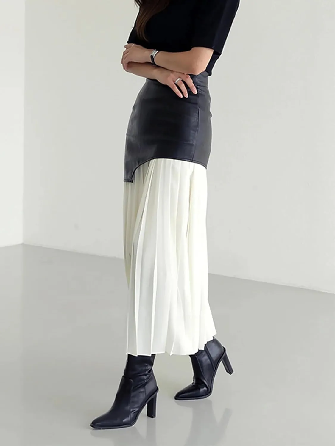 BAIMORE Women's Chic High Waist PU Leather Patchowrk Color Block Pleated Midi Hip Skirt