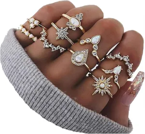 Black Knuckle Rings Set for Women Vintage Stackable Midi Rings Boho Crystal Pearl Sea Wave Finger Ring Pack
