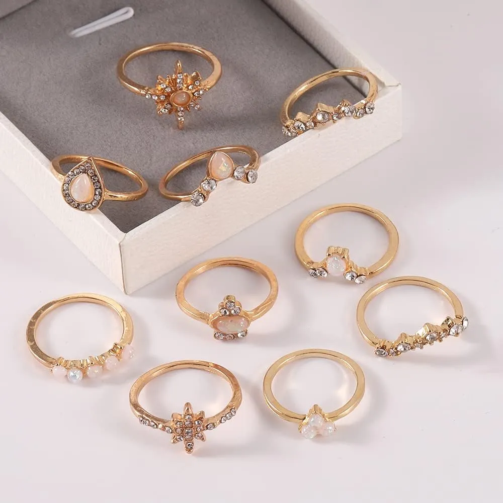 Black Knuckle Rings Set for Women Vintage Stackable Midi Rings Boho Crystal Pearl Sea Wave Finger Ring Pack