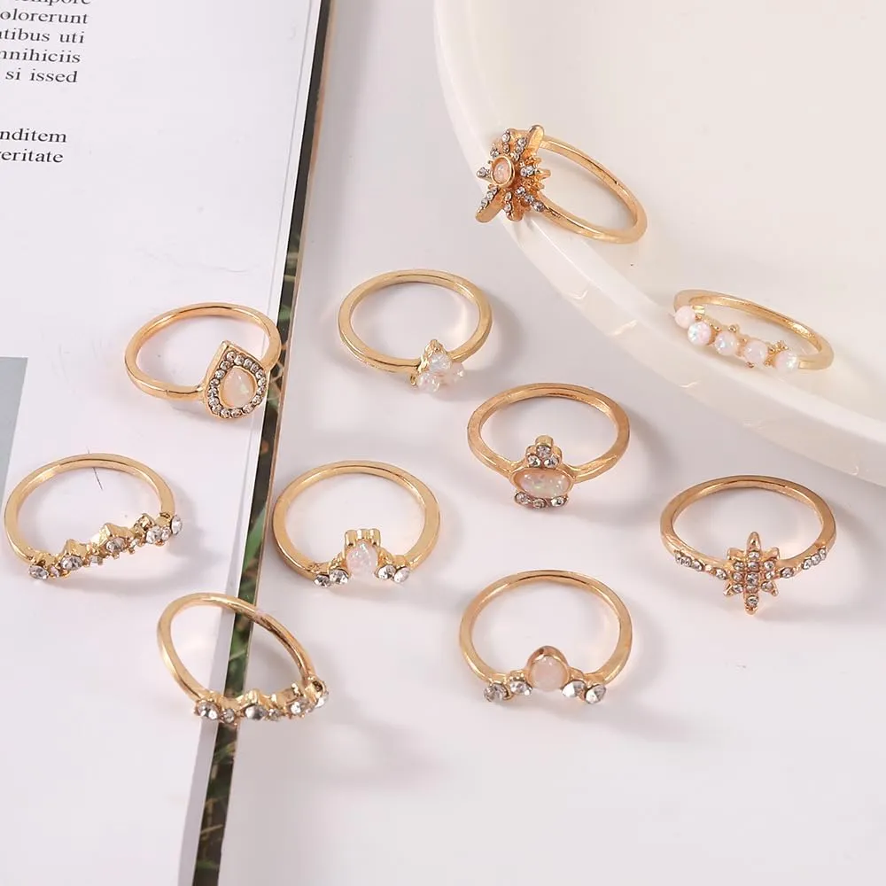 Black Knuckle Rings Set for Women Vintage Stackable Midi Rings Boho Crystal Pearl Sea Wave Finger Ring Pack