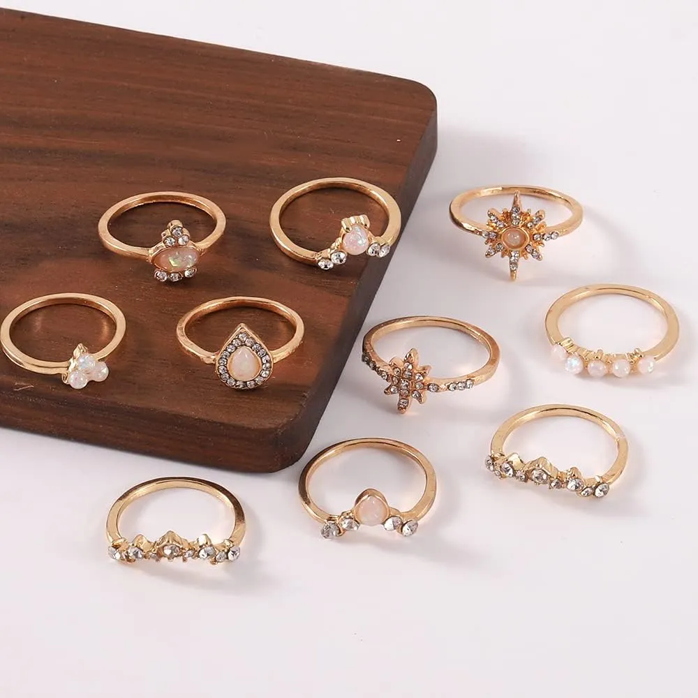 Black Knuckle Rings Set for Women Vintage Stackable Midi Rings Boho Crystal Pearl Sea Wave Finger Ring Pack