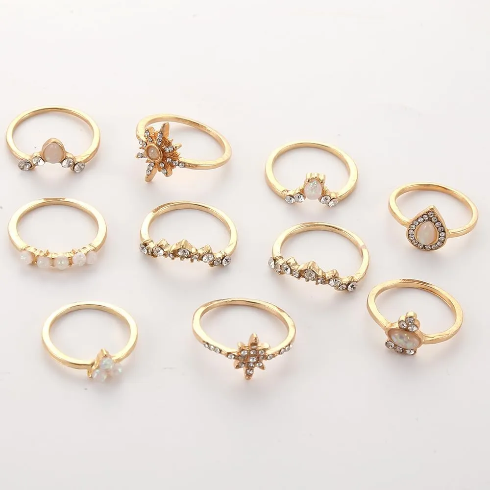 Black Knuckle Rings Set for Women Vintage Stackable Midi Rings Boho Crystal Pearl Sea Wave Finger Ring Pack