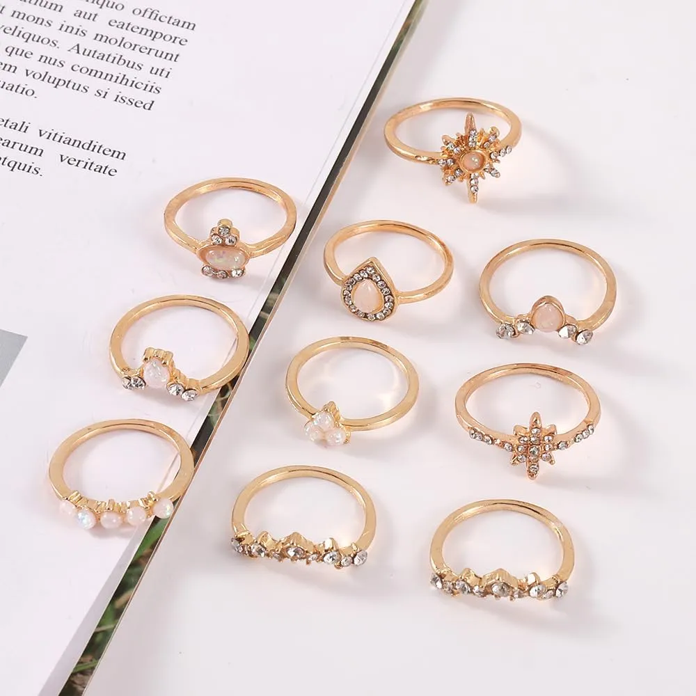 Black Knuckle Rings Set for Women Vintage Stackable Midi Rings Boho Crystal Pearl Sea Wave Finger Ring Pack