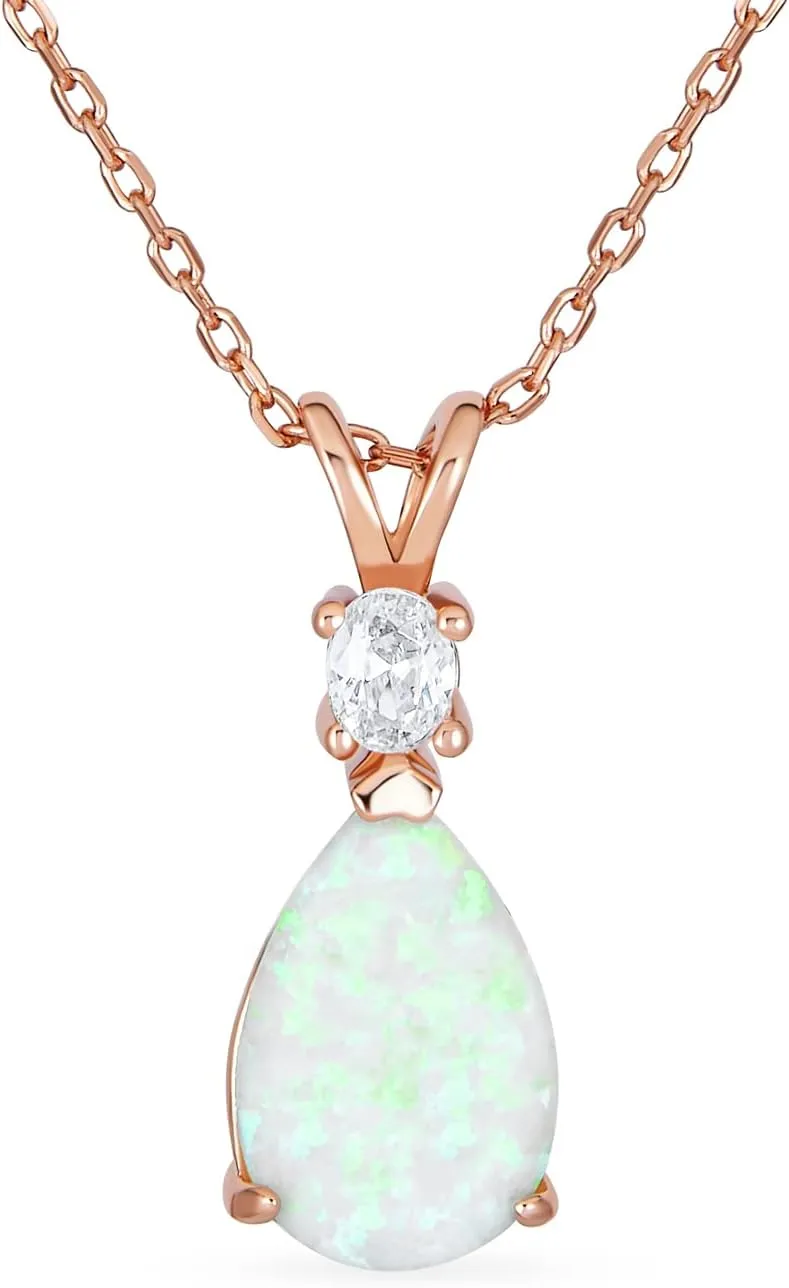 Bling Jewelry Classic Simple Gemstone CZ Infinity Accent 3-5CT Solitaire Teardrop White Rainbow Created Opal Pendant Necklace For Women Teen Rose Gold Plated .925 Sterling Silver October Birthstone