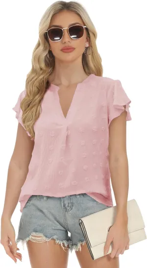 Blouses for Women Dressy Casual V Neck Ruffle Short Sleeve Flowy Tops Cute Summer Shirts Professional Business Tunic