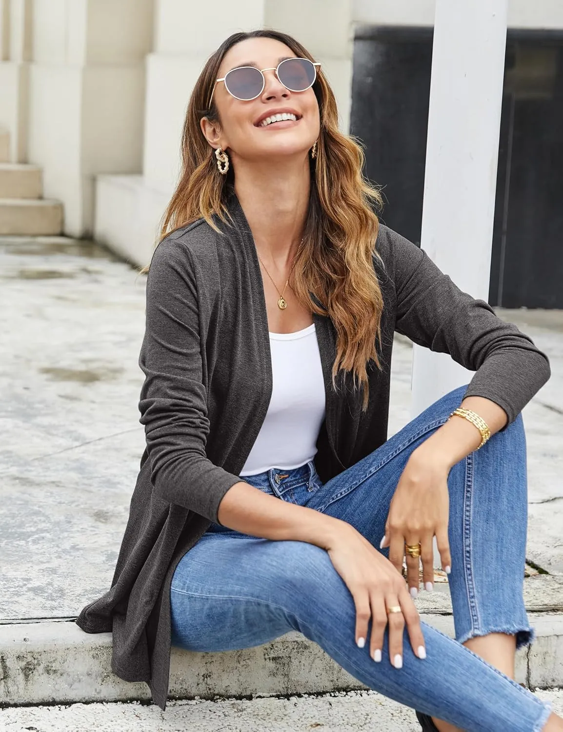 Bluetime Women Casual Lightweight Open Front Cardigans Soft Draped Long Sleeve Cardigans Dusters
