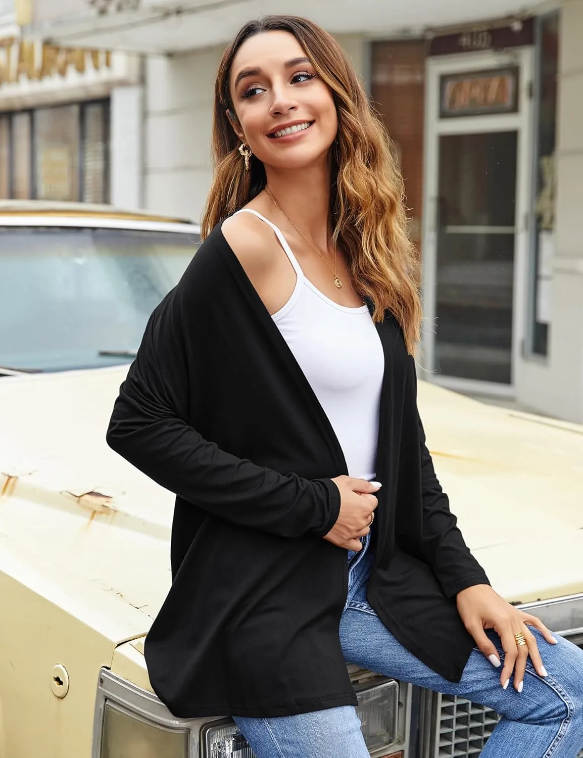 Bluetime Women Casual Lightweight Open Front Cardigans Soft Draped Long Sleeve Cardigans Dusters
