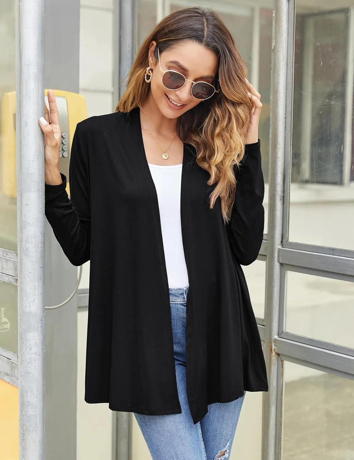 Bluetime Women Casual Lightweight Open Front Cardigans Soft Draped Long Sleeve Cardigans Dusters
