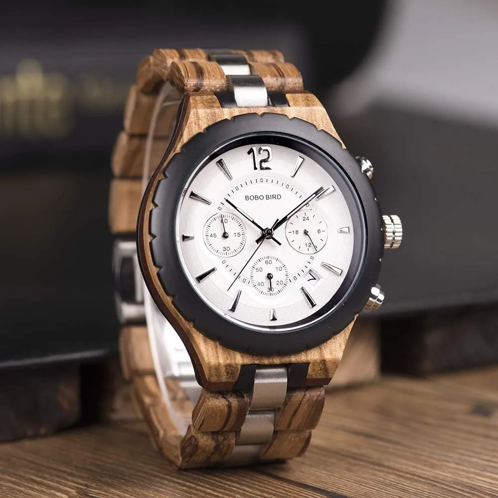 BOBO BIRD Mens Luxury Stylish Wooden Watches Date & Chronograph Military Quartz Timepieces
