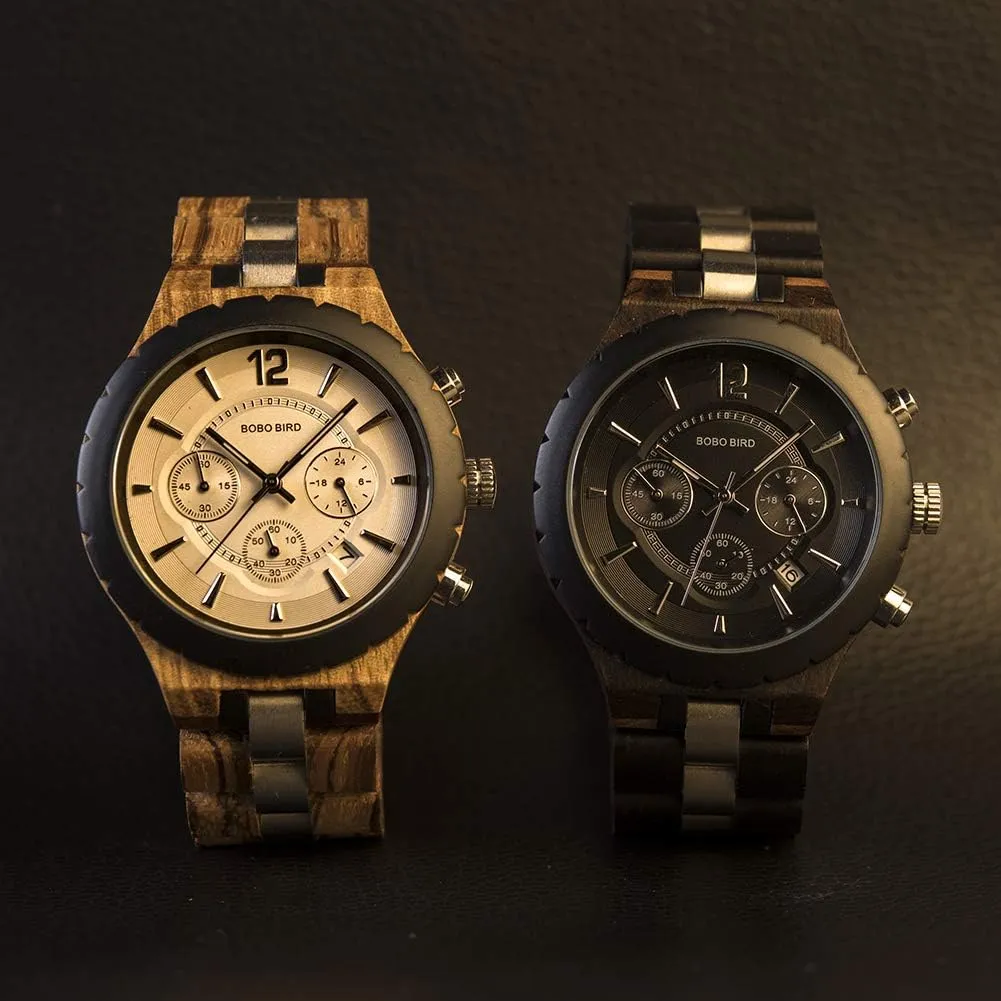 BOBO BIRD Mens Luxury Stylish Wooden Watches Date & Chronograph Military Quartz Timepieces