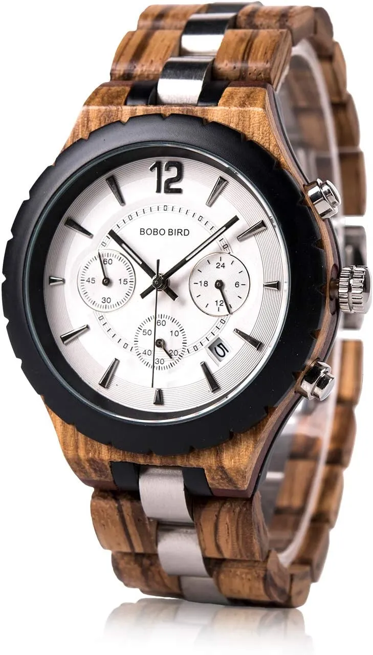 BOBO BIRD Mens Luxury Stylish Wooden Watches Date & Chronograph Military Quartz Timepieces