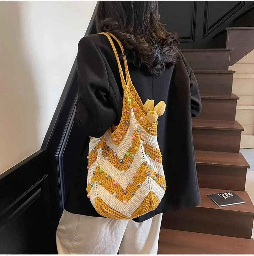 Bohemia Beach Bag Women Macrame Shoulder Tote Bags Crossbody Purse Pearl Travel Summer Knitted Handbag Hobo Bags 2025