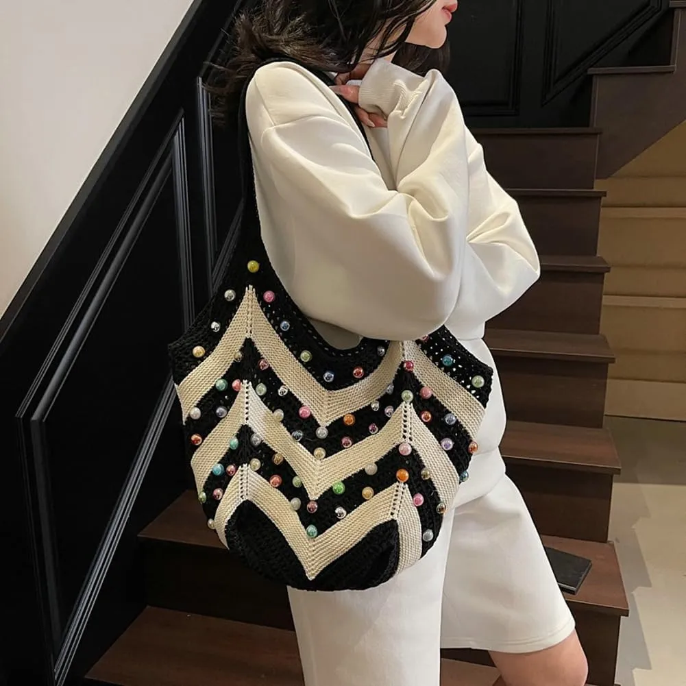 Bohemia Beach Bag Women Macrame Shoulder Tote Bags Crossbody Purse Pearl Travel Summer Knitted Handbag Hobo Bags 2025
