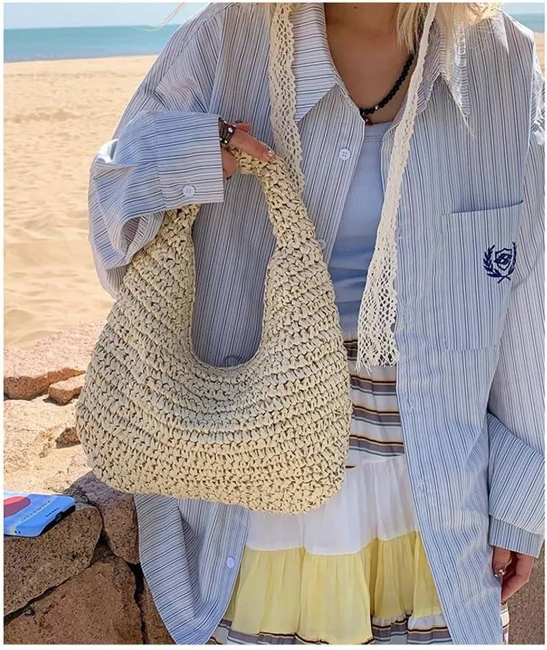 Bohemia Straw Beach Bag for Women Macrame Shoulder Tote Bag Crossbody Purse Travel Beach Bag Summer Top-handle Hobo Bags