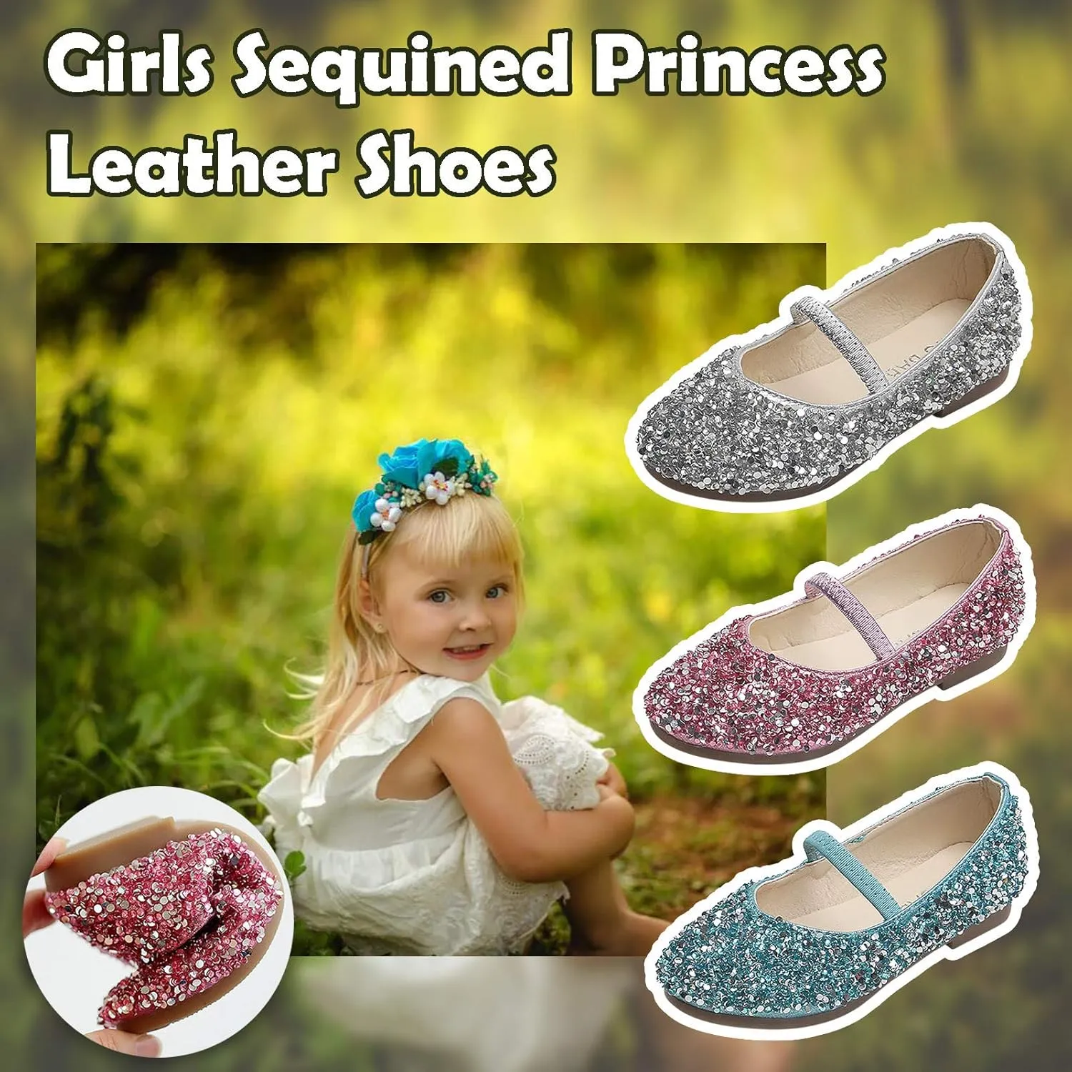 Bridesmaids hinestones Dress Shoes Glitter Slip On Mary Jane Ballet Flat for Princess Girls Wedding Pary