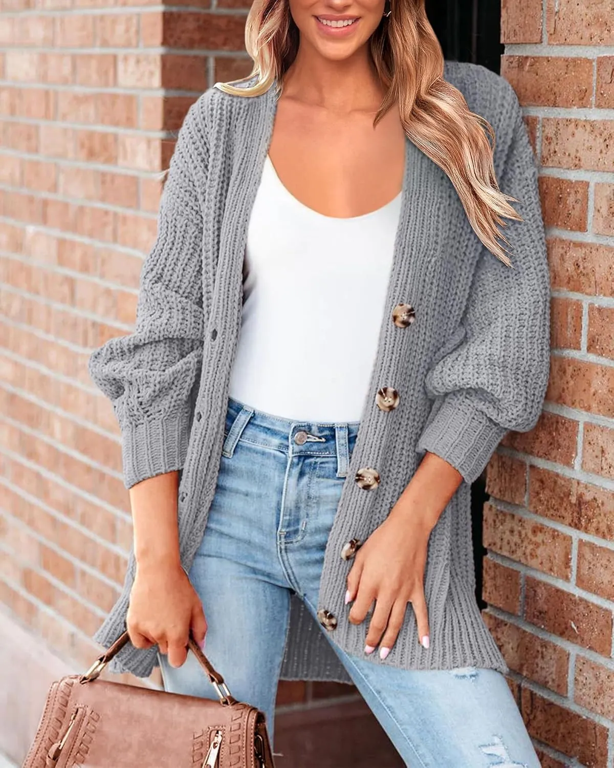BTFBM Women's Button Down Cardigan Coat Long Sleeve Fall Winter Clothes Loose Chunky Knit Open Front Sweater Outerwear