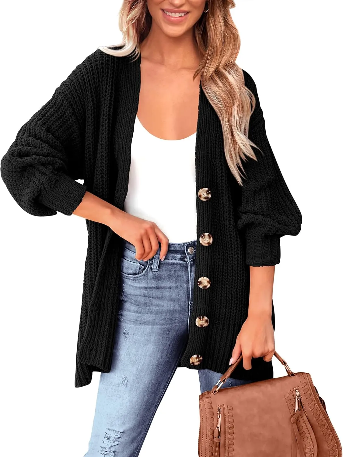 BTFBM Women's Button Down Cardigan Coat Long Sleeve Fall Winter Clothes Loose Chunky Knit Open Front Sweater Outerwear