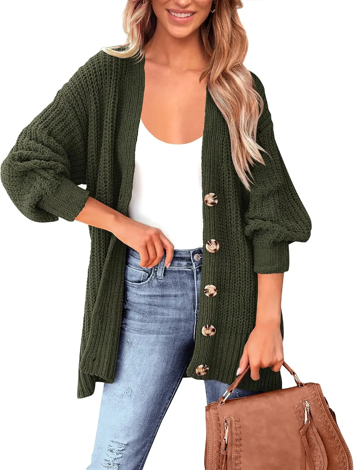 BTFBM Women's Button Down Cardigan Coat Long Sleeve Fall Winter Clothes Loose Chunky Knit Open Front Sweater Outerwear